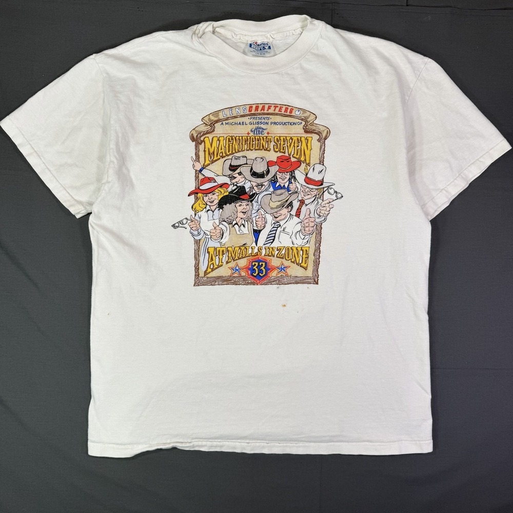 Vintage 80s Magnificent Seven Parody Tee LensCrafters Size Large Double Sided